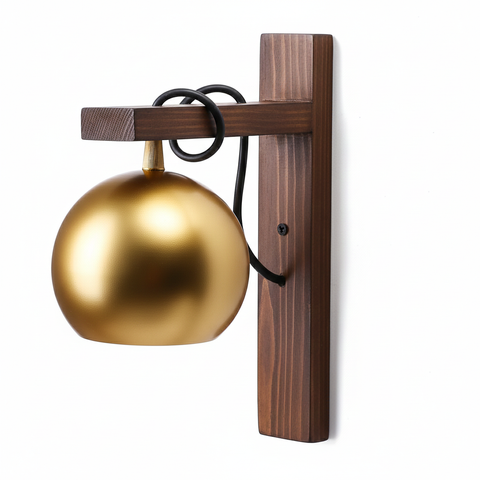 Wall-mounted lamp with gold bulb and wooden fixture on a white background