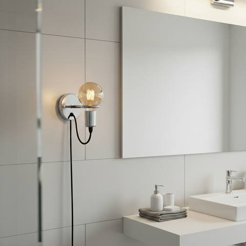 Modern bathroom with a wall-mounted light fixture, sink, and mirror.