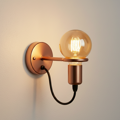 Wall-mounted copper light fixture with a glowing bulb on a neutral background