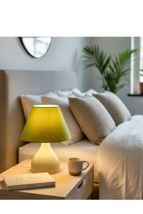 Green lamp on a nightstand next to a bed with white bedding
