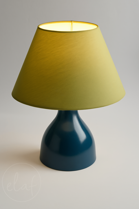 Blue metal base table lamp with olive green fabric shade – modern and minimal design.