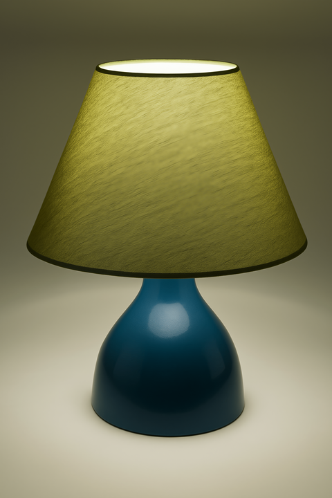 Blue metal base table lamp with olive green fabric shade – modern and minimal design.
