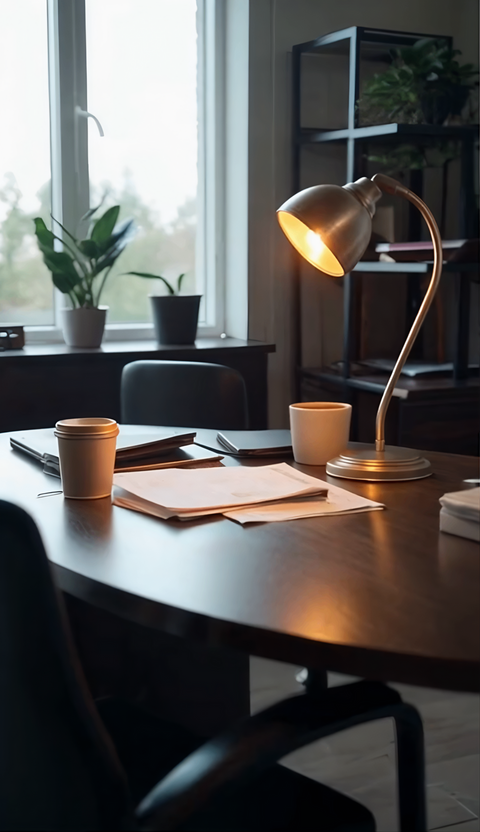 Antique desk lamp with golden curved arm and adjustable head, set on a wooden desk beside coffee cup and documents