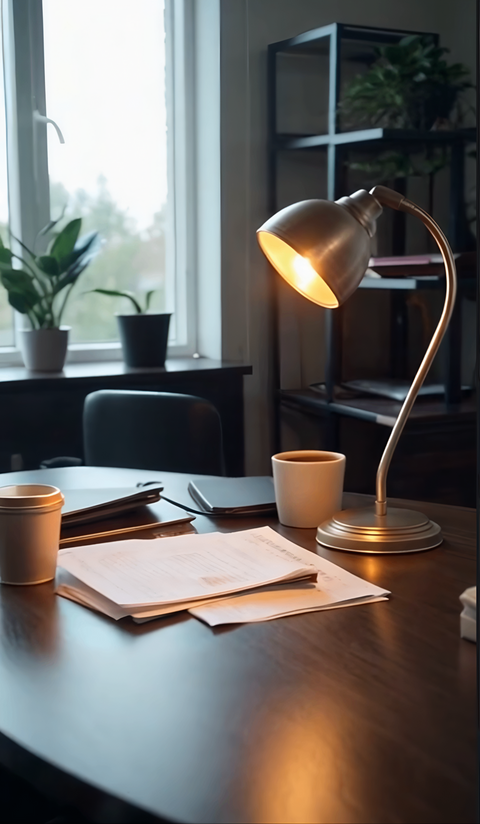 Antique desk lamp with golden curved arm and adjustable head, set on a wooden desk beside coffee cup and documents
