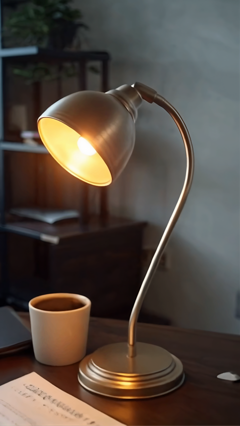 Antique desk lamp with golden curved arm and adjustable head, set on a wooden desk beside coffee cup and documents