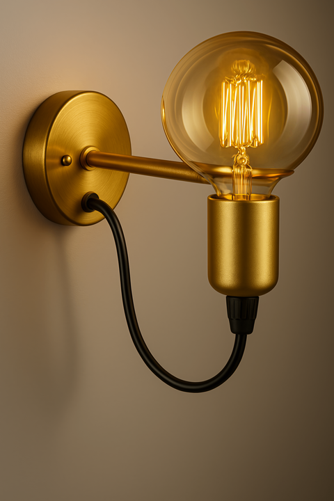 Gold wall sconce with round brushed base and clear globe bulb, minimalist lighting design with black cord on neutral wall
