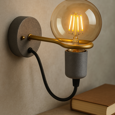 gray and gold wall sconce with exposed globe bulb and black cord, mounted on neutral wall near stacked books