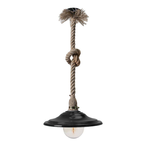 Rustic hanging pendant light with knotted natural rope and black metal shade, vintage bulb hanging from twisted cord