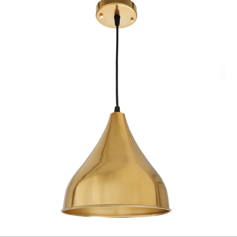 A brass gold-colored pendant light with a conical shape and a black cord.