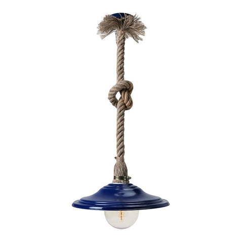 Blue pendant light with knotted rope suspension and round exposed bulb, combining nautical and rustic design elements