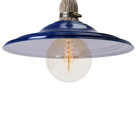 "Blue pendant light with knotted rope suspension and round exposed bulb, combining nautical and rustic design elements"