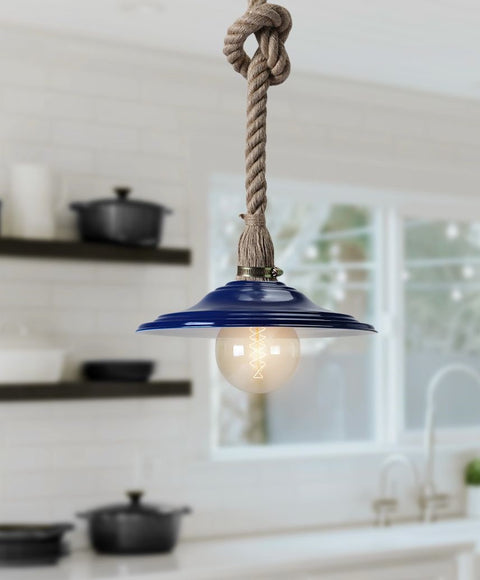 "Blue pendant light with knotted rope suspension and round exposed bulb, combining nautical and rustic design elements"