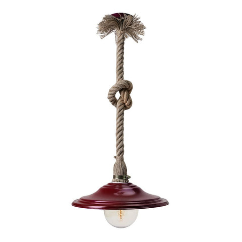 "Red rope pendant light with burgundy metal shade, exposed bulb, and thick knotted jute rope for rustic or boho decor"
