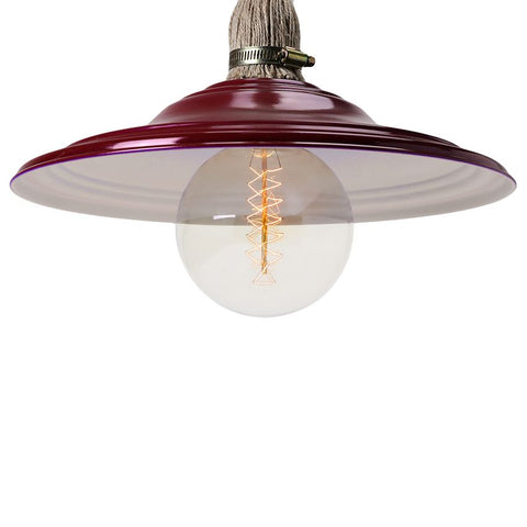 "Red rope pendant light with burgundy metal shade, exposed bulb, and thick knotted jute rope for rustic or boho decor"