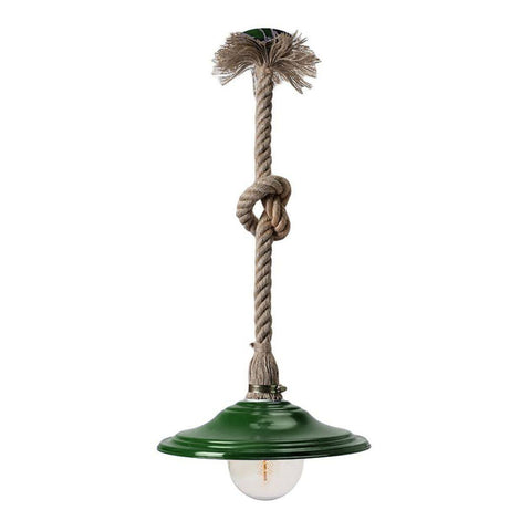 Green rope pendant lamp with knotted jute and exposed bulb. Natural, rustic design for cozy kitchens, cafés, or creative interiors.