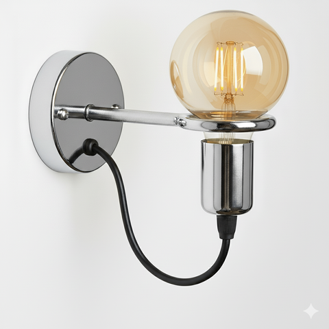 Silver modern wall sconce with Edison bulb – minimalist bathroom or bedroom wall light.